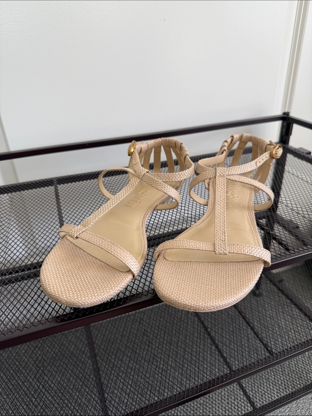 cult gaia Beige Woven T-Strap Sandals